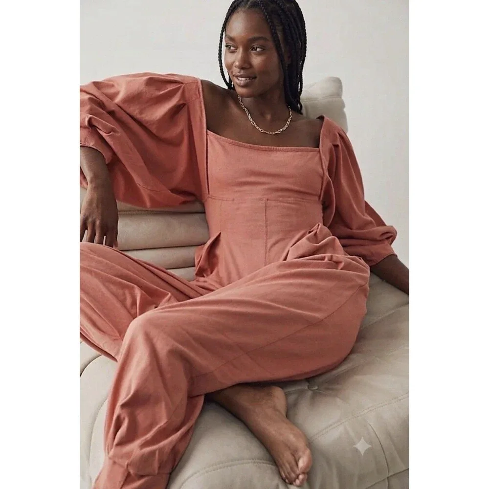 Free People Intimately Lotta Love Jumpsuit Sz M Coral Relaxed Boho 100% Cotton